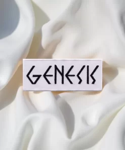 Alternative view of Genesis Patch – White Background with Angular Black Text – Iron-On