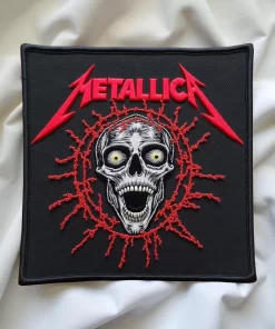 Limited Edition Metallica-Inspired Skull Embroidered Patch – Red Electric Burst Design