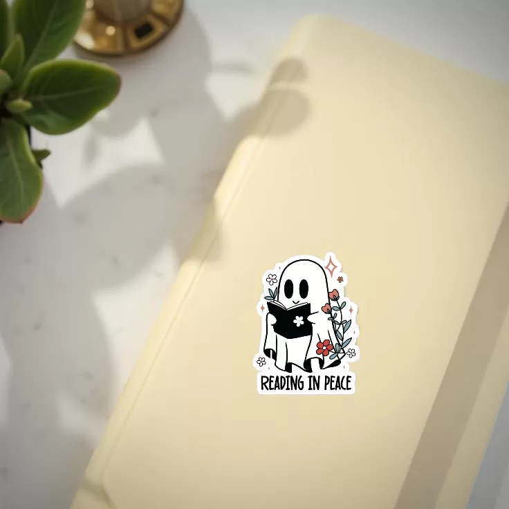 2pcs “Reading in Peace” Ghost Sticker – Cute Floral Bookish Vinyl Decals, 3 Inch - Image 3