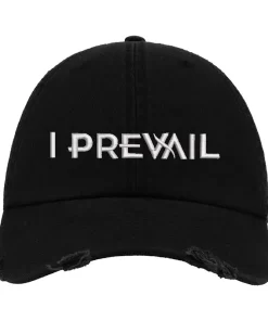 Black Distressed Baseball Cap with White Embroidered Patch Design – I Prevail Style Hat