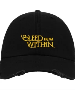 Black Distressed Baseball Cap with Yellow Embroidered Patch Design – Bleed From Within Style Hat