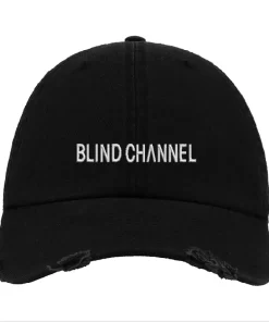 Black Distressed Baseball Cap with White Embroidered Patch Design – Blind Channel Style Hat