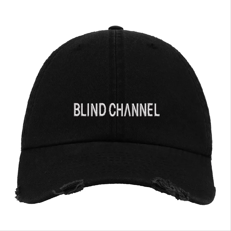 Black Distressed Baseball Cap with White Embroidered Patch Design – Blind Channel Style Hat