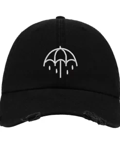 Black Distressed Baseball Cap with White Embroidered Patch Design – Bring Me The Horizon Style Hat