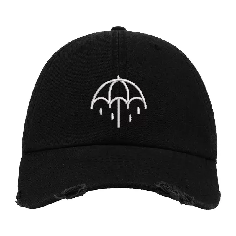 Black Distressed Baseball Cap with White Embroidered Patch Design – Bring Me The Horizon Style Hat