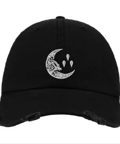 Black Distressed Baseball Cap with White Embroidered Patch Design – Currents Style Hat