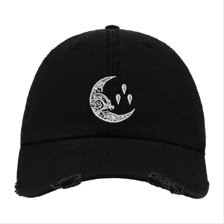Black Distressed Baseball Cap with White Embroidered Patch Design – Currents Style Hat