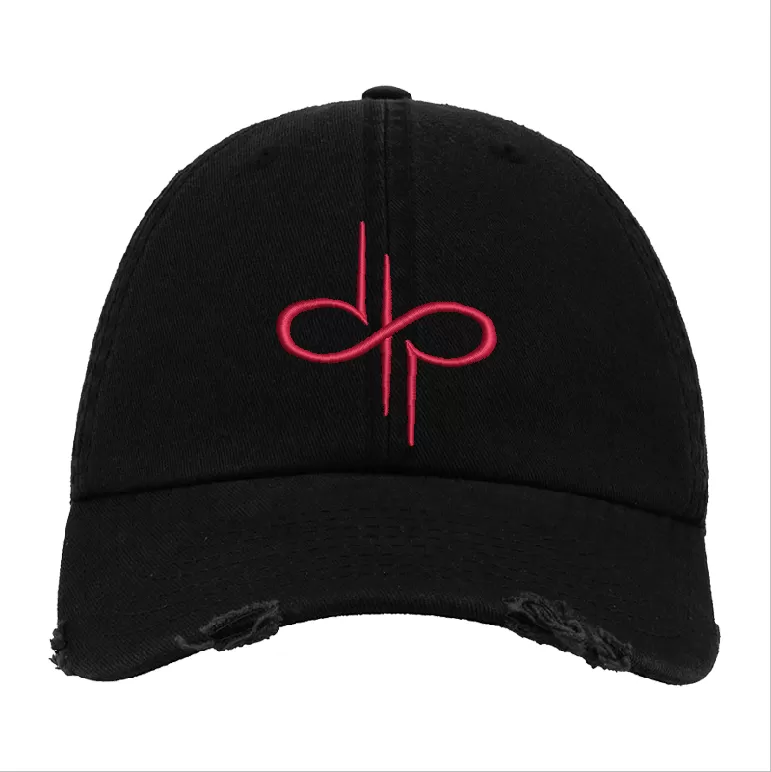 Black Distressed Baseball Cap with Red Embroidered Patch Design – Devin Townsend Style Hat