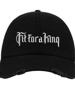 Black Distressed Baseball Cap with White Embroidered Patch Design – Fit For A King Style Hat