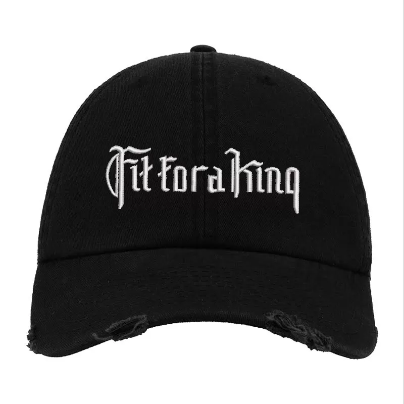 Black Distressed Baseball Cap with White Embroidered Patch Design – Fit For A King Style Hat