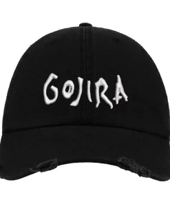 Black Distressed Baseball Cap with White Embroidered Patch Design – Gojira Style Hat