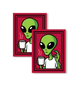 Alien Coffee Sticker (2pcs Set) – Funny Space Vinyl Decal, 3 Inch