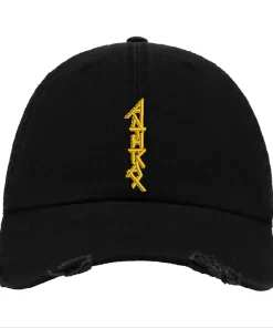 Black Distressed Baseball Cap with Yellow Embroidered Patch Design – Anthrax Style Hat