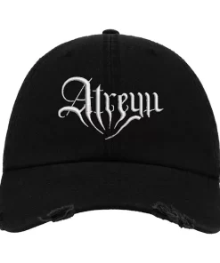 Black Distressed Baseball Cap with White Embroidered Patch Design – Atreyu Style Hat