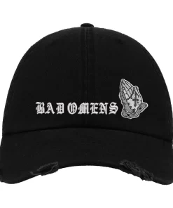 Black Distressed Baseball Cap with White Embroidered Patch Design – Bad Omens Style Hat