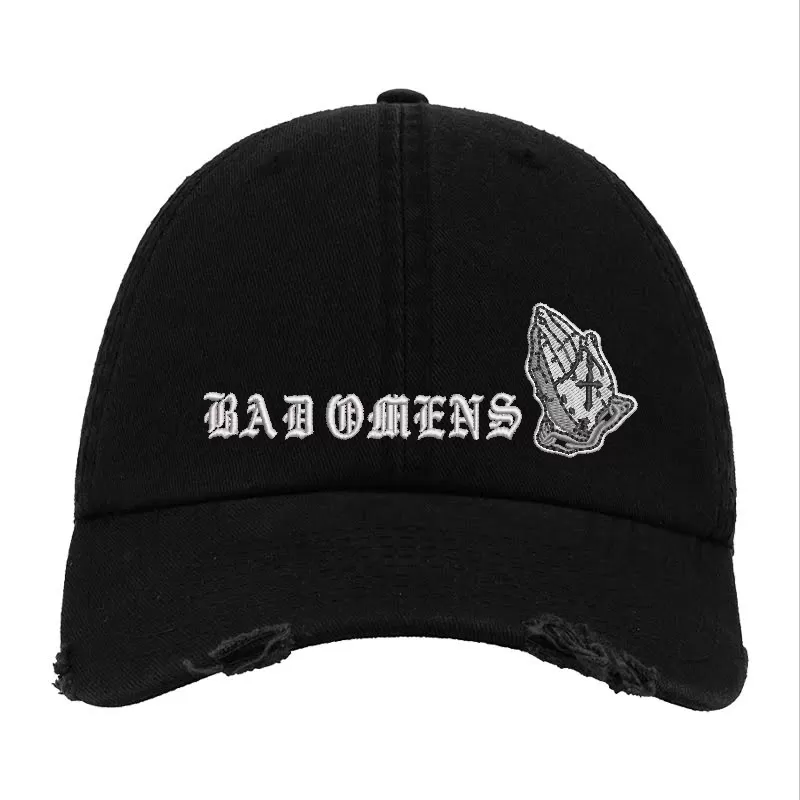 Black Distressed Baseball Cap with White Embroidered Patch Design – Bad Omens Style Hat