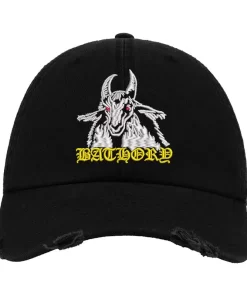 Black Distressed Baseball Cap with Embroidered Goat & Yellow Patch Design – Bathory Style Hat