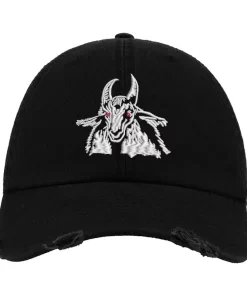 Black Distressed Baseball Cap with Embroidered Goat Patch Design – Bathory Style Hat