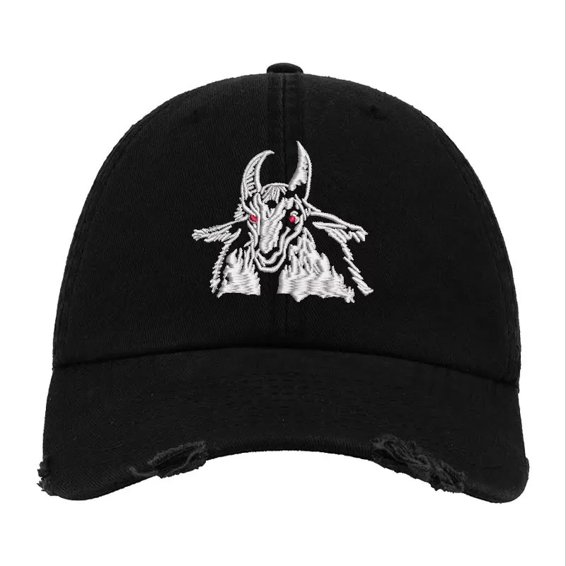 Black Distressed Baseball Cap with Embroidered Goat Patch Design – Bathory Style Hat