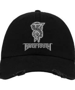 Black Distressed Baseball Cap with White Embroidered Patch Design – Beartooth Style Hat
