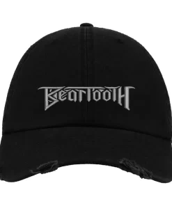 Black Distressed Baseball Cap with White Embroidered Patch Design – Beartooth Style Logo Hat