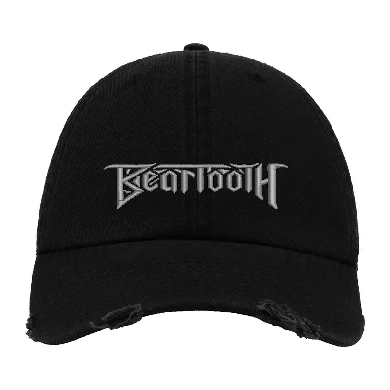 Black Distressed Baseball Cap with White Embroidered Patch Design – Beartooth Style Logo Hat