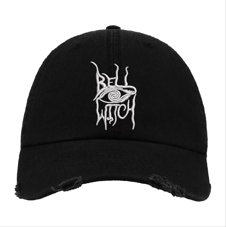 Black Distressed Baseball Cap with White Embroidered Patch Design – Bell Witch Style Hat