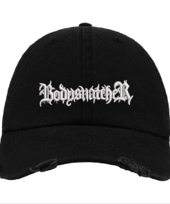 Black Distressed Baseball Cap with White Embroidered Patch Design – Bodysnatcher Style Hat