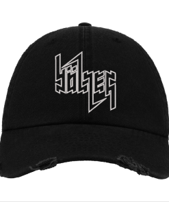 Black Distressed Baseball Cap with White Embroidered Patch Design – Bölzer Style Hat