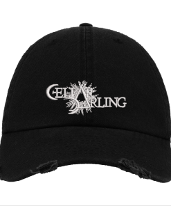Black Distressed Baseball Cap with White Embroidered Patch Design – Cellar Darling Style Hat