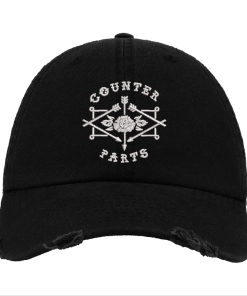 Black Distressed Baseball Cap with White Embroidered Patch Design – Counterparts Style Hat