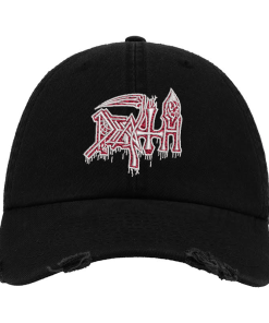 Black Distressed Baseball Cap with White & Red Embroidered Patch Design – Death Style Logo Hat