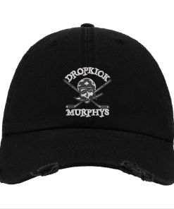 Black Distressed Baseball Cap with White Embroidered Patch Design – Dropkick Murphys Style Hat