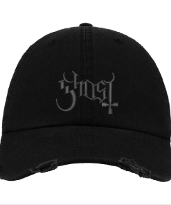 Ghost Logo Embroidered Patch Design on Black Distressed Baseball Cap