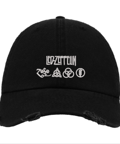 Led Zeppelin Embroidered Logo & Symbols Distressed Black Baseball Cap – Classic Rock Band–Style Hat