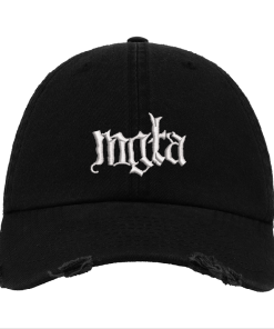 Black Distressed Baseball Cap with White Embroidered Patch Design – Mgla Style Hat