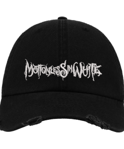 Black Distressed Baseball Cap with White Embroidered Patch Design – Motionless in White Style Hat