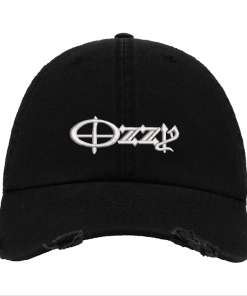 Black Distressed Baseball Cap with White Embroidered Patch Design – Ozzy Osbourne Style Hat