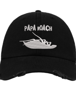 Black Distressed Baseball Cap with White Embroidered Patch Design – Papa Roach Style Hat (Roach Logo Edition)