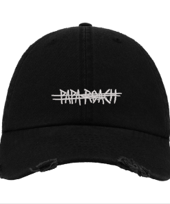 Black Distressed Baseball Cap with White Embroidered Patch Design – Papa Roach Style Hat