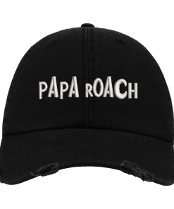 Black Distressed Baseball Cap with White Embroidered Patch Design – Papa Roach Style Hat (Classic Text Edition)