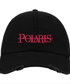 Black Distressed Baseball Cap with Red Embroidered Patch Design – Polaris Style Hat