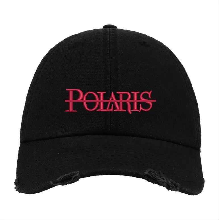Black Distressed Baseball Cap with Red Embroidered Patch Design – Polaris Style Hat