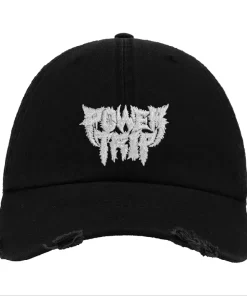 Black Distressed Baseball Cap with White Embroidered Patch Design – Power Trip Style Hat
