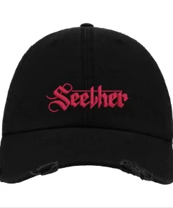 Black Distressed Baseball Cap with Red Embroidered Patch Design – Seether Style Hat