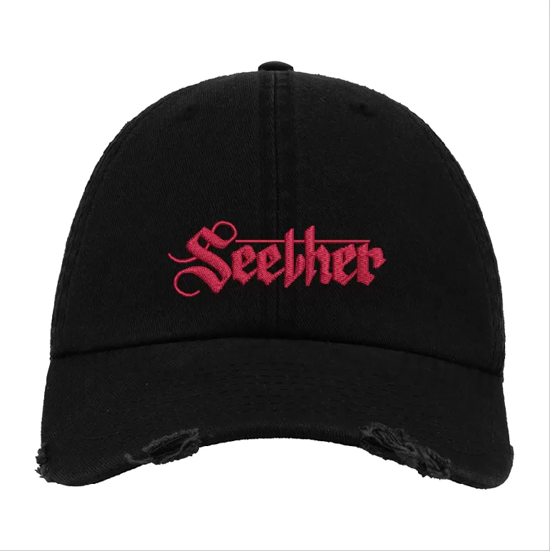 Black Distressed Baseball Cap with Red Embroidered Patch Design – Seether Style Hat