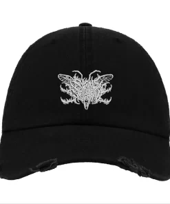 Black Distressed Baseball Cap with White Embroidered Patch Design – Signs of the Swarm Style Hat