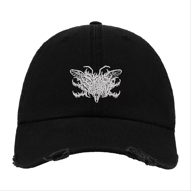 Black Distressed Baseball Cap with White Embroidered Patch Design – Signs of the Swarm Style Hat