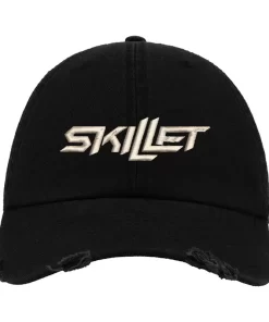 Black Distressed Baseball Cap with White Embroidered Patch Design – Skillet Style Hat