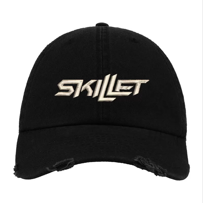 Black Distressed Baseball Cap with White Embroidered Patch Design – Skillet Style Hat